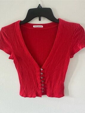 Reformation Nella Ribbed Button-Front Crop Top in Cherry Red XS
